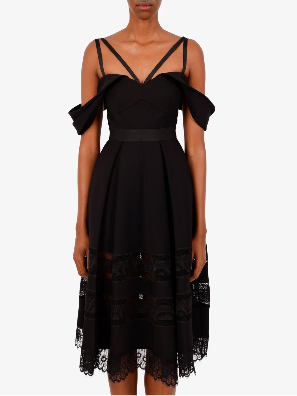 Self Portrait Black Strappy Lace-Hem Midi Dress